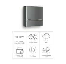 Steinel Logo, maximale Leistung 1000 Watt, Dämmerungsschalter, Schutzart IP54, plastikfreie Verpackung, 1 bis 75 Lux, Kabelanschluss