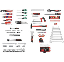 Assortiment de divers outils à main, dont des pinces, des tournevis, un marteau, des clés et des outils de mesure