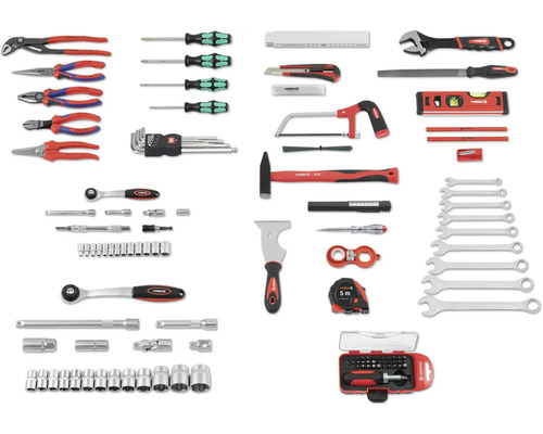 Assortiment de divers outils à main, dont des pinces, des tournevis, un marteau, des clés et des outils de mesure