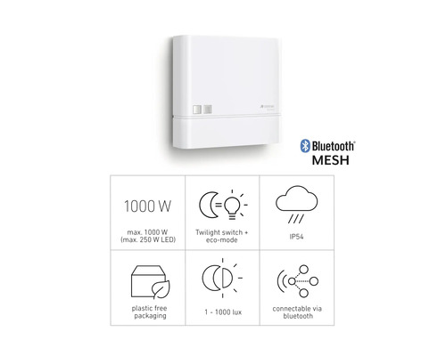 Steinel Logo, Bluetooth Mesh, 1000 Watt, Dämmerungsschalter mit Eco-Modus, IP54, Plastikfreie Verpackung, 1 bis 1000 Lux, via Bluetooth verbindbar