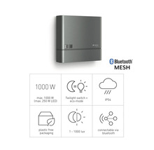 Steinel IQ Plus Sensor Aussenleuchte mit Produktdetails wie 1000 Watt Leistung, Dämmerungsschalter, Eco-Modus, IP54 Schutzart, Bluetooth Mesh, Plastikfreie Verpackung und Bluetooth-Verbindung
