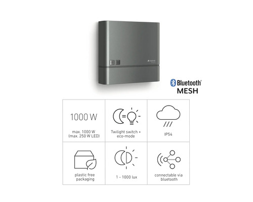 Steinel IQ Plus Sensor Aussenleuchte mit Produktdetails wie 1000 Watt Leistung, Dämmerungsschalter, Eco-Modus, IP54 Schutzart, Bluetooth Mesh, Plastikfreie Verpackung und Bluetooth-Verbindung