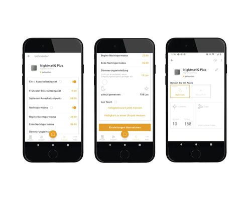 Drei Smartphones zeigen die NightmatIQ Plus App zur Lichtsteuerung