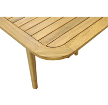 Vue détaillée d'un plateau de table de jardin en bois avec des coins arrondis et un pied de table