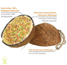 Gefüllte Kokosnuss für Wildvögel mit Kordel zum Aufhängen, 100 Prozent biologisch abbaubar