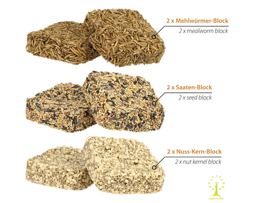 Drei Stapel mit jeweils zwei Vogelfutterblöcken: Mehlwurm-, Saaten- und Nusskern-Block
