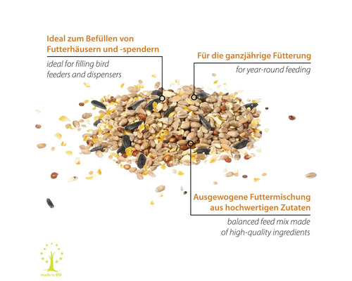 Vogelfutter für Futterhäuser und Futterspender, geeignet für die ganzjährige Fütterung, ausgewogene Futtermischung aus hochwertigen Zutaten