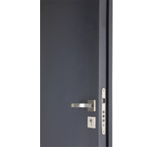 Gros plan d'une porte grise avec une poignée et une serrure argentées