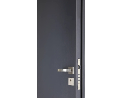 Gros plan d'une porte grise avec une poignée et une serrure argentées