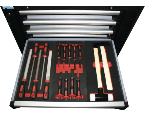 Werkzeugkasten Schublade mit Feilen, Schraubendrehern und Hämmern