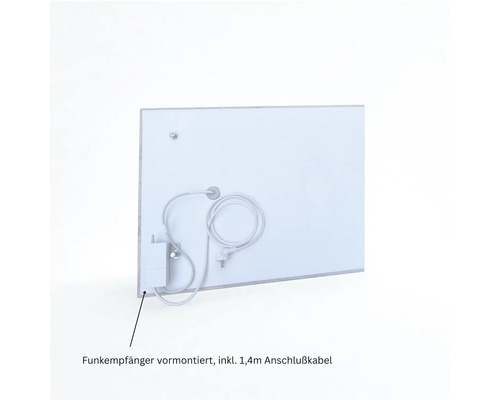 Rückseite eines Spiegels mit vormontiertem Funkempfänger und 1,4 Meter Anschlusskabel