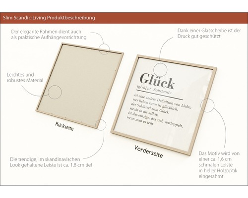 Bilderrahmen mit dem Wort Glück, Vorder- und Rückseite.