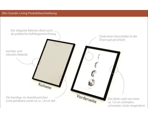 Produktbeschreibung eines Bilderrahmens mit einer Tiefe von circa 1,8 cm und einer circa 1,6 cm schmalen, schwarzen Leiste.