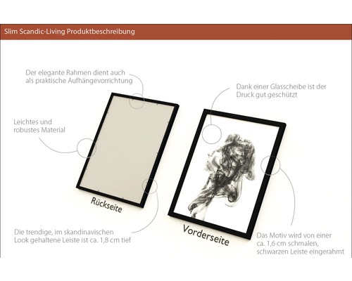 Produktabbildung eines Bilderrahmens mit schmalem, schwarzen Rahmen, der sowohl von vorne mit einem Bild als auch von hinten gezeigt wird