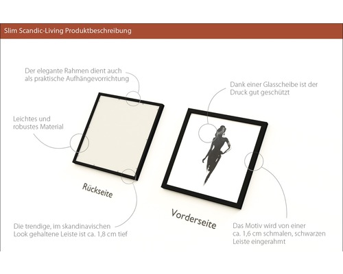 Produktbeschreibung eines Bilderrahmens mit schmaler, schwarzer Leiste und Aufhängevorrichtung.