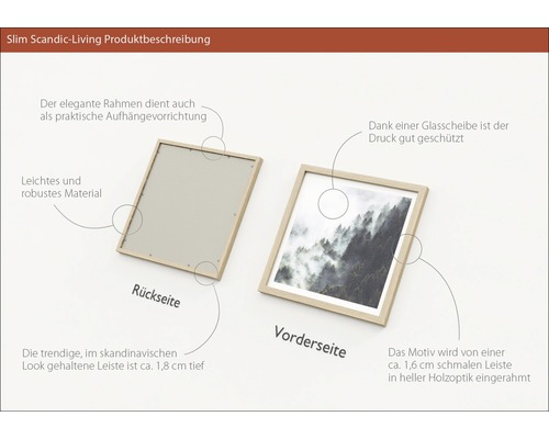 Produktbeschreibung eines Holzbilderrahmens mit Waldmotiv, Vorder- und Rückseite