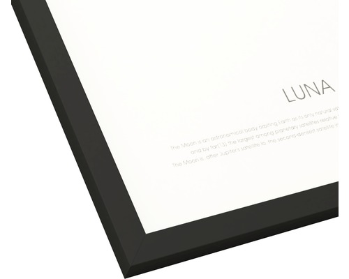 Nahaufnahme eines gerahmten Drucks mit dem Text Luna und Informationen über den Mond.