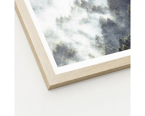 Detailansicht eines gerahmten Bildes mit einem Waldmotiv im Nebel
