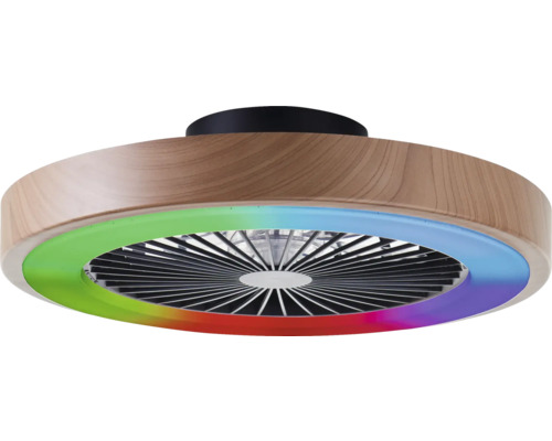 Ventilateur de plafond avec aspect bois et éclairage LED coloré