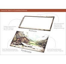 Detailansicht einer 100x50 cm Leinwand mit MDF Rahmen und einer Abbildung einer Berghütte.