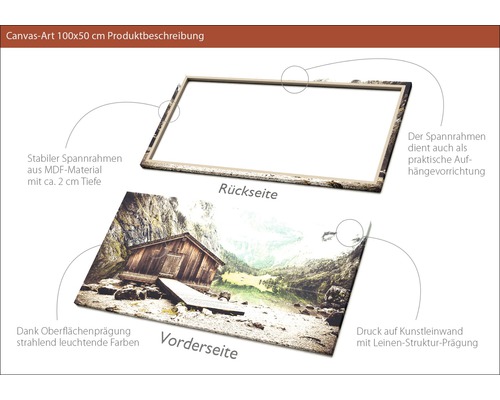 Detailansicht einer 100x50 cm Leinwand mit MDF Rahmen und einer Abbildung einer Berghütte.