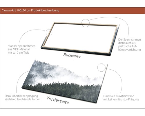 Leinwandbild 100x50 cm mit Waldmotiv, Rückseite mit Spannrahmen aus MDF-Material und Aufhängevorrichtung