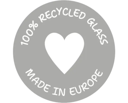 Siegel: 100 Prozent recyceltes Glas, hergestellt in Europa