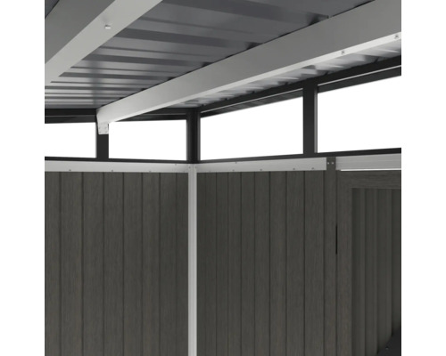 Detailansicht einer Gartenhütte mit Dach und Holzwand