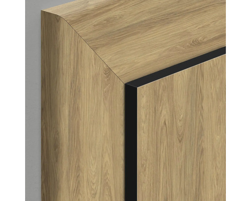 Vue détaillée d'une armoire avec une structure en bois et des bords sombres