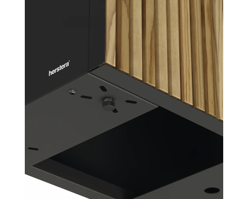 Vue détaillée d'un luminaire de jardin Herstera avec revêtement en bois et éléments de fixation.