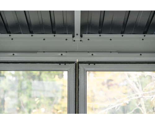 Detailansicht des Dachs und der Fenster eines Gartenhauses.