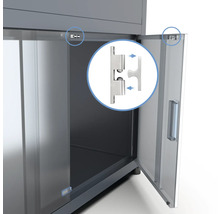 Gros plan d'une armoire d'atelier ouverte avec charnière de porte