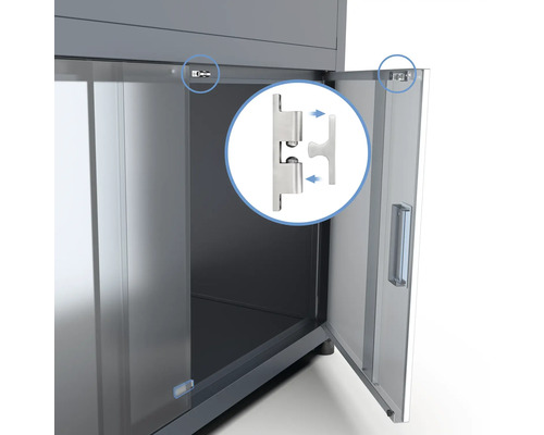 Gros plan d'une armoire d'atelier ouverte avec charnière de porte