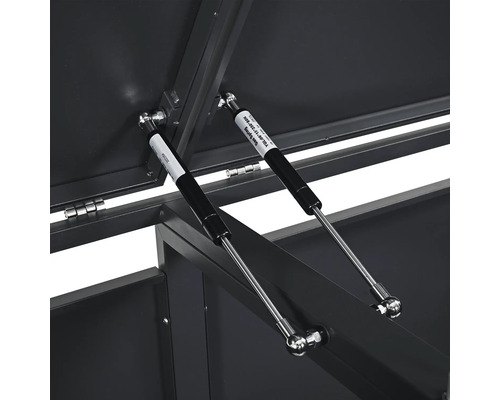 Detailansicht eines geöffneten Geräteschuppens mit Gasdruckfedern