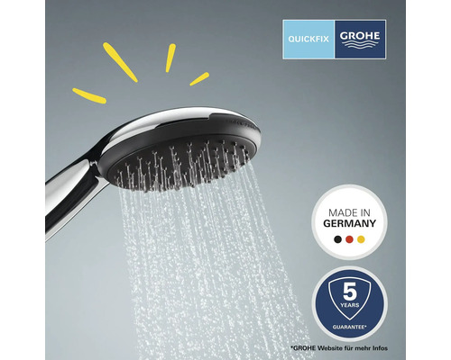 Handbrause mit Wasserstrahl, Grohe Quickfix Logo, Made in Germany Siegel, 5 Jahre Garantie