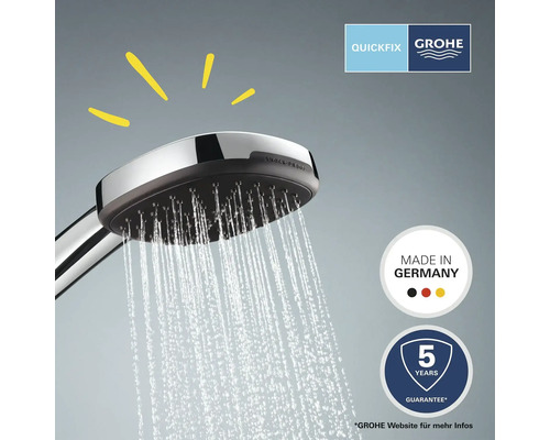 Brausekopf mit Wasserstrahl und Grohe QuickFix Logo