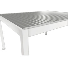 Detailansicht eines Pavillons mit Metalldach und weißem Rahmen