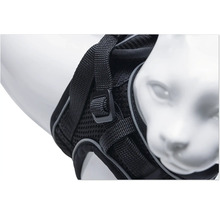 Schwarzes Katzengeschirr an einer Katzenpuppe