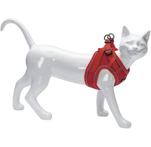 Rotes Katzengeschirr an einer Katzenpuppe