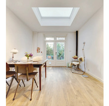 Heller Raum mit Dachfenster, Esstisch und Zugang zum Garten
