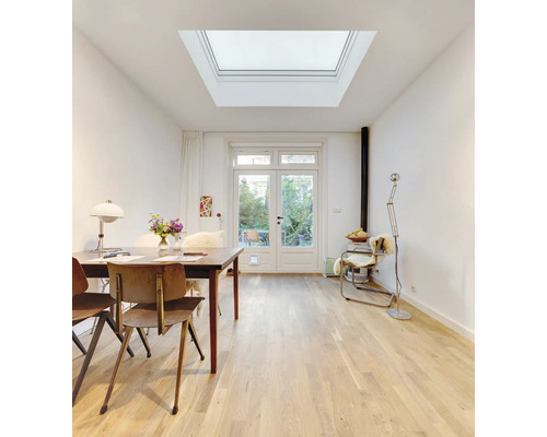 Heller Raum mit Dachfenster, Esstisch und Stühlen