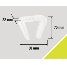 Befestigungsclip mit den Maßen 22 mm, 70 mm und 88 mm.