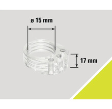 Adaptateur transparent d'une hauteur de 17 millimètres et d'un diamètre de 15 millimètres.