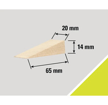 Holzkeil mit den Maßen 65 mm Länge, 20 mm Breite und 14 mm Höhe