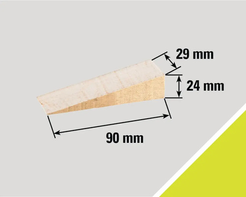 Cale en bois avec des dimensions de 90 mm de longueur, 24 mm de hauteur et 29 mm de largeur.