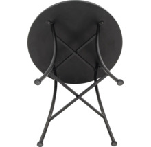 Ansicht eines runden, schwarzen Gartentisches mit Metallgestell.