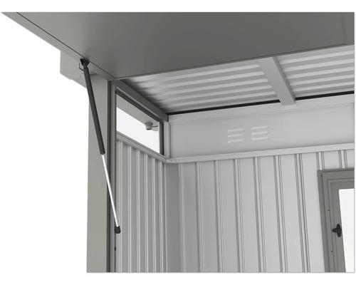 Detailansicht einer Metallgartenbox mit Öffnungsmechanismus