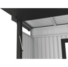 Detailansicht einer Gartenlaube mit geöffnetem Fenster und Gasdruckfeder