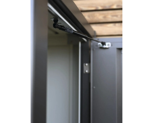 Vue détaillée d'une porte de cabanon ouverte avec un ressort à gaz