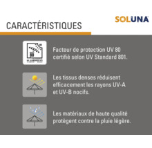 Caractéristiques du parasol Soluna: Norme UV 801, protection contre les rayons UV-A et UV-B, protection contre la pluie légère